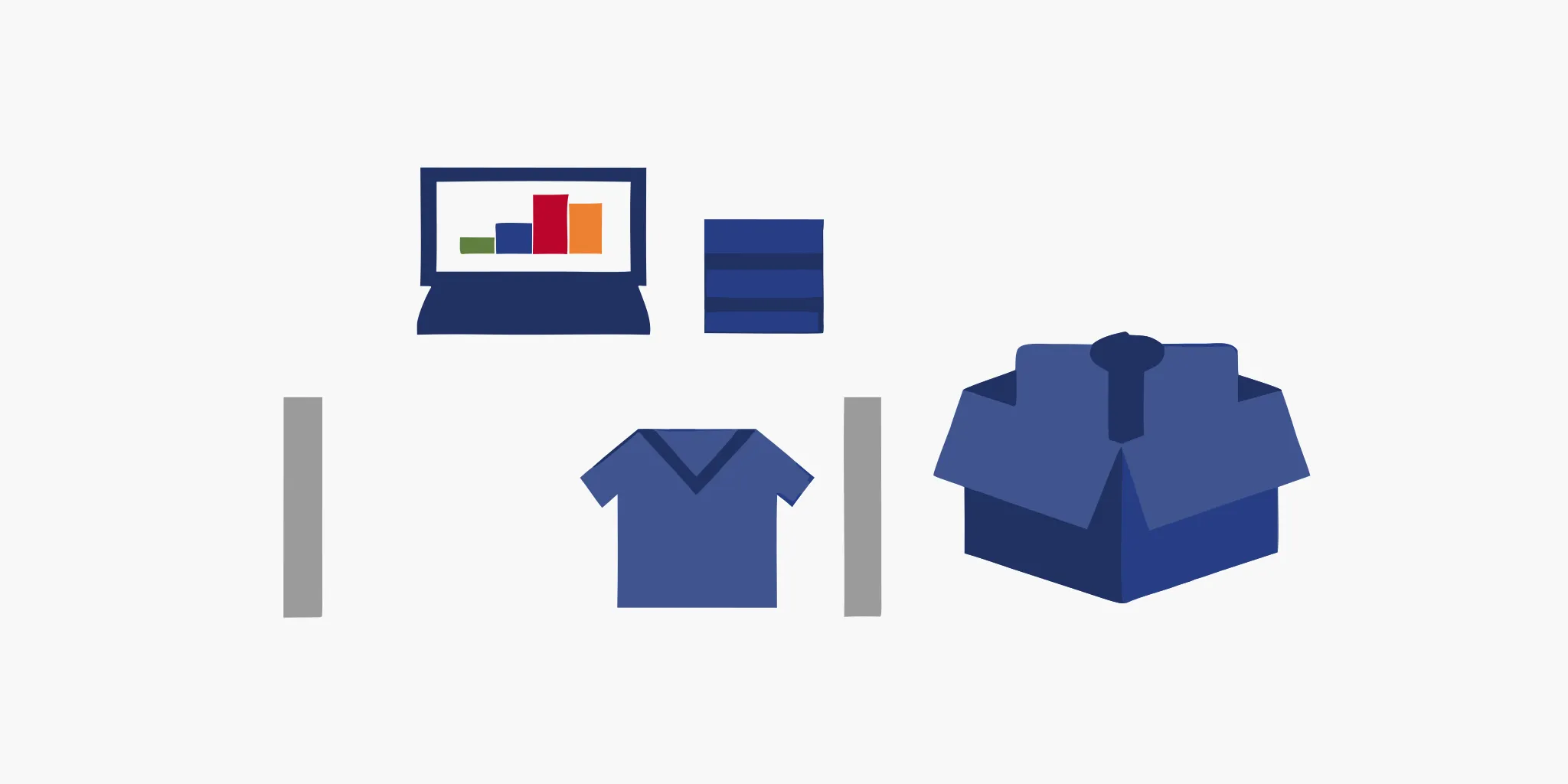 An organized system for retail returns processing with a laptop, packages, and inventory.