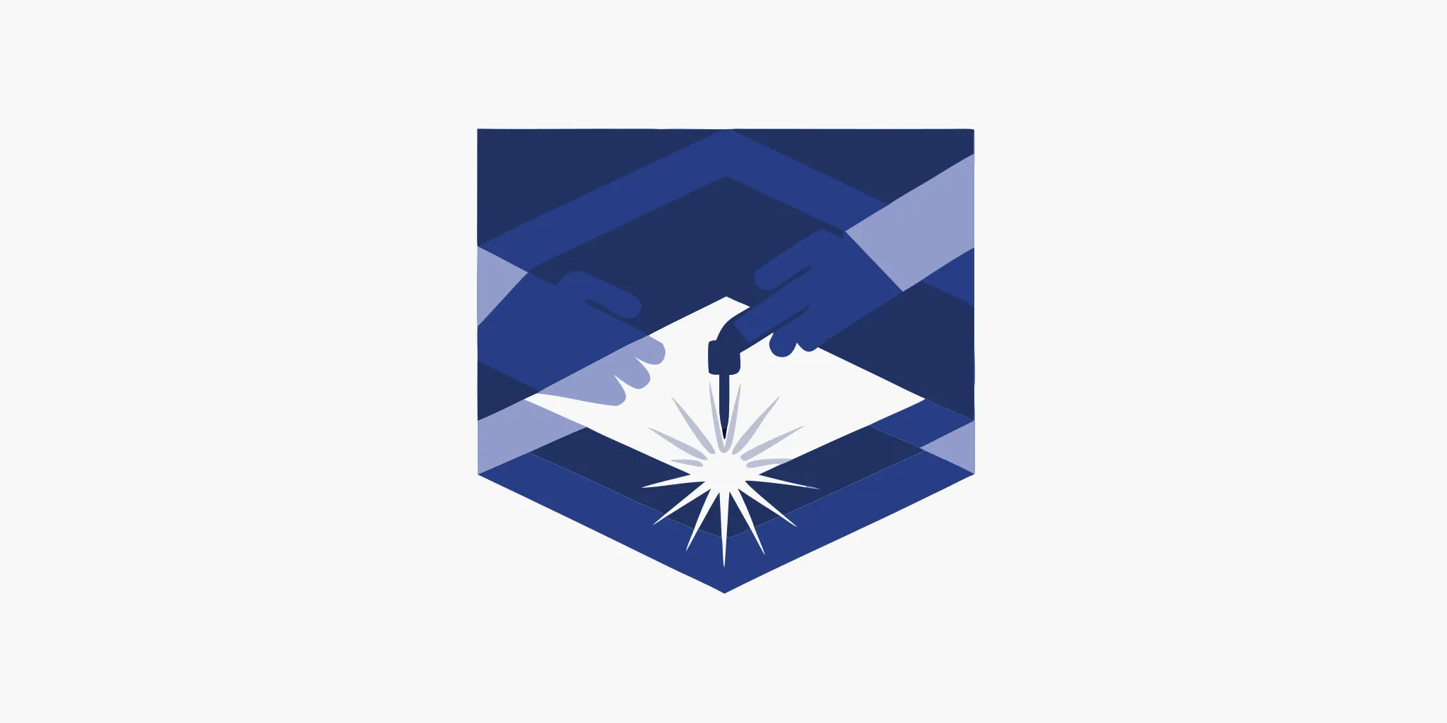 Welding fabrication icon of hands joining metal with a bright welding spark.