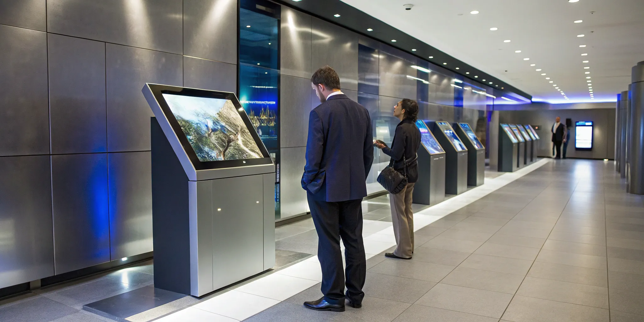 Shoppers engaging with an interactive display solution in a retail store.