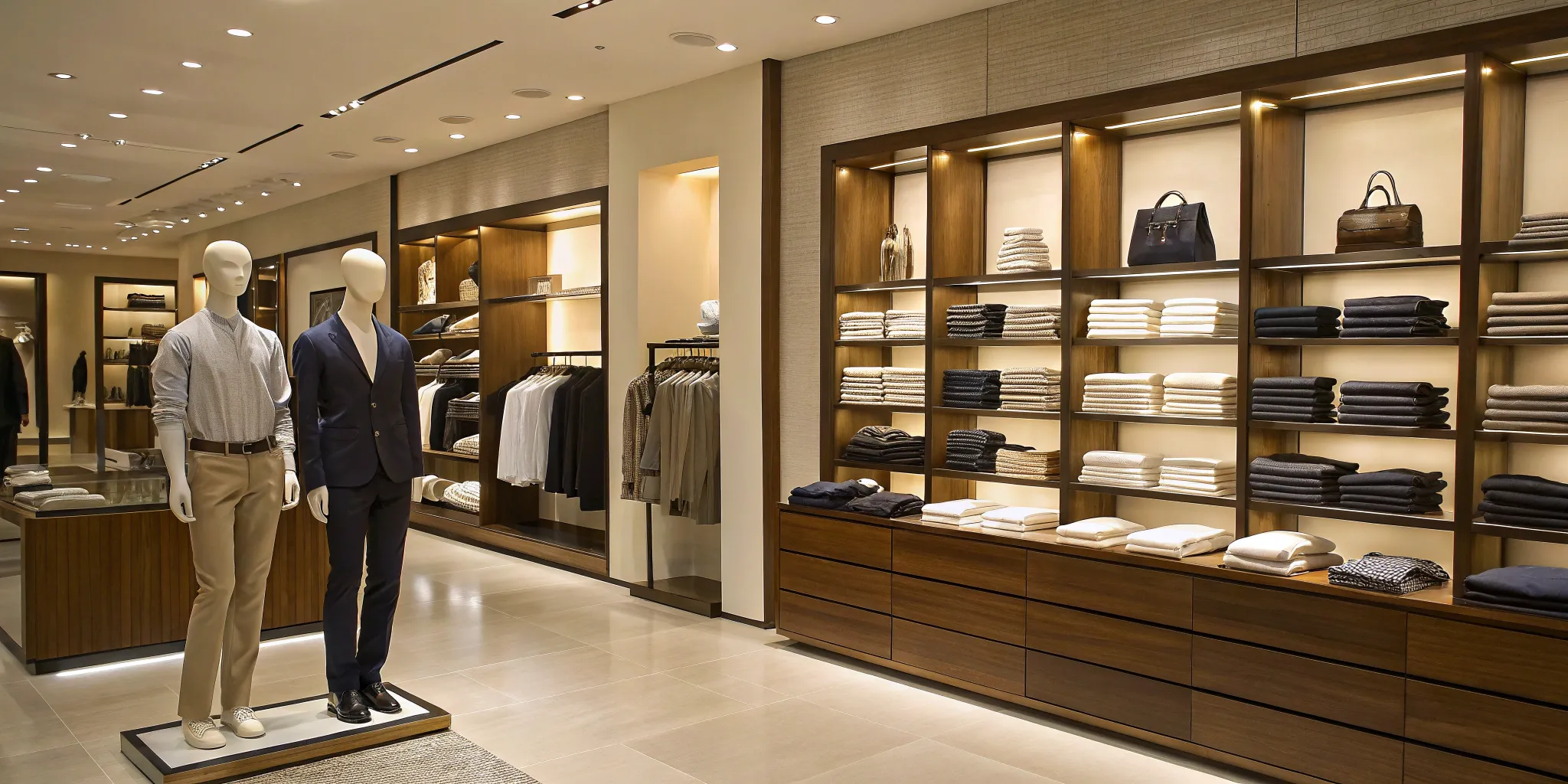 Organized merchandise displays and mannequins showcase an effective retail presentation.