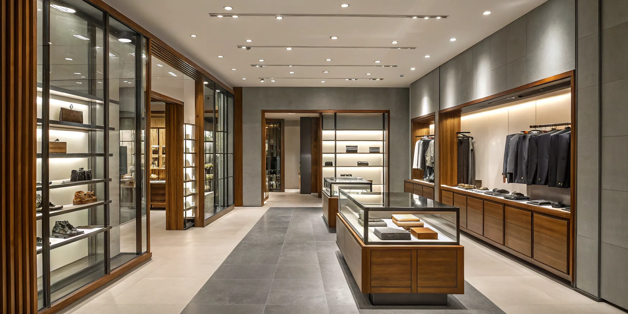 Retail fixture design with integrated shelving and display cases.