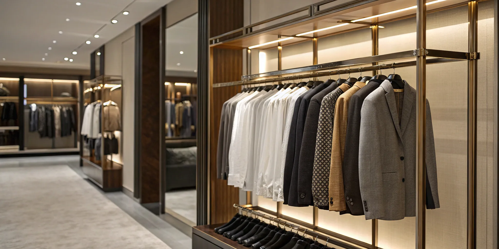 Wholesale apparel racks display clothing.