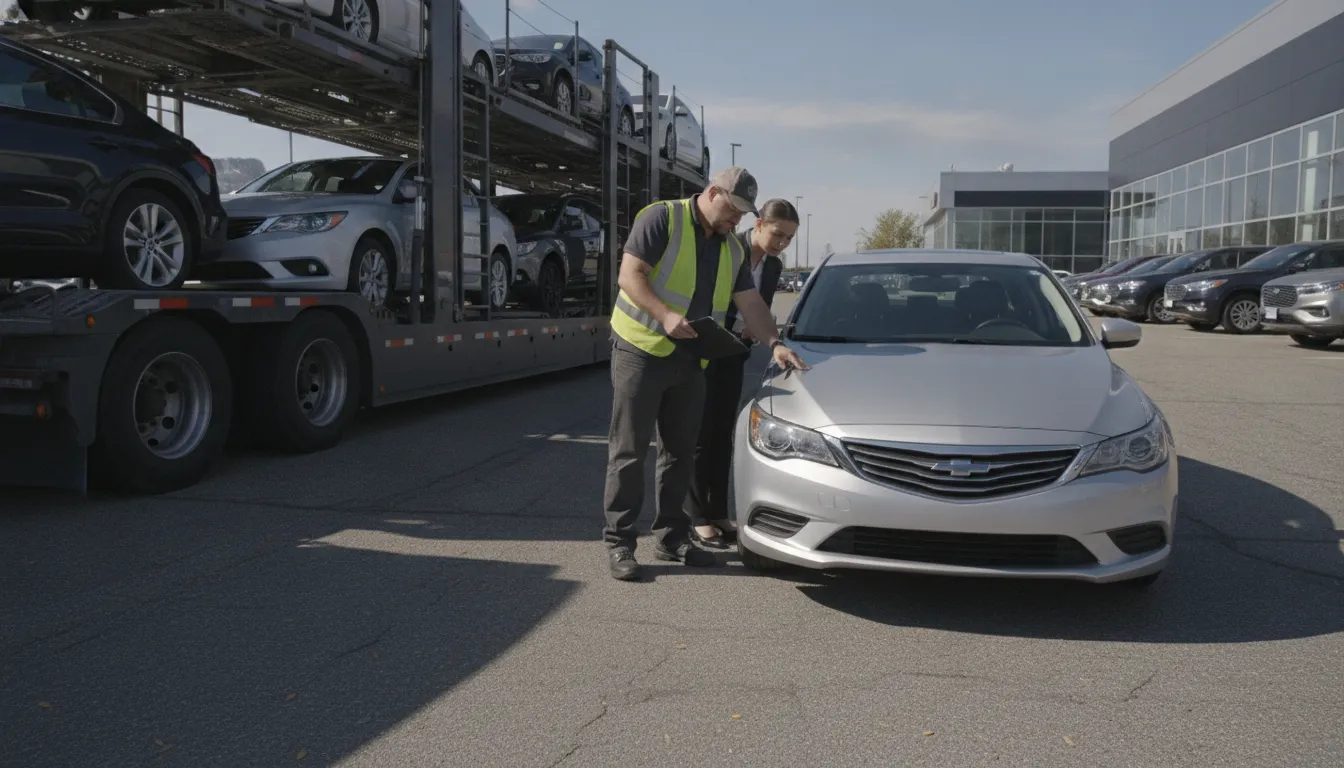 Dealer representative and auto transport driver inspecting a vehicle before pickup