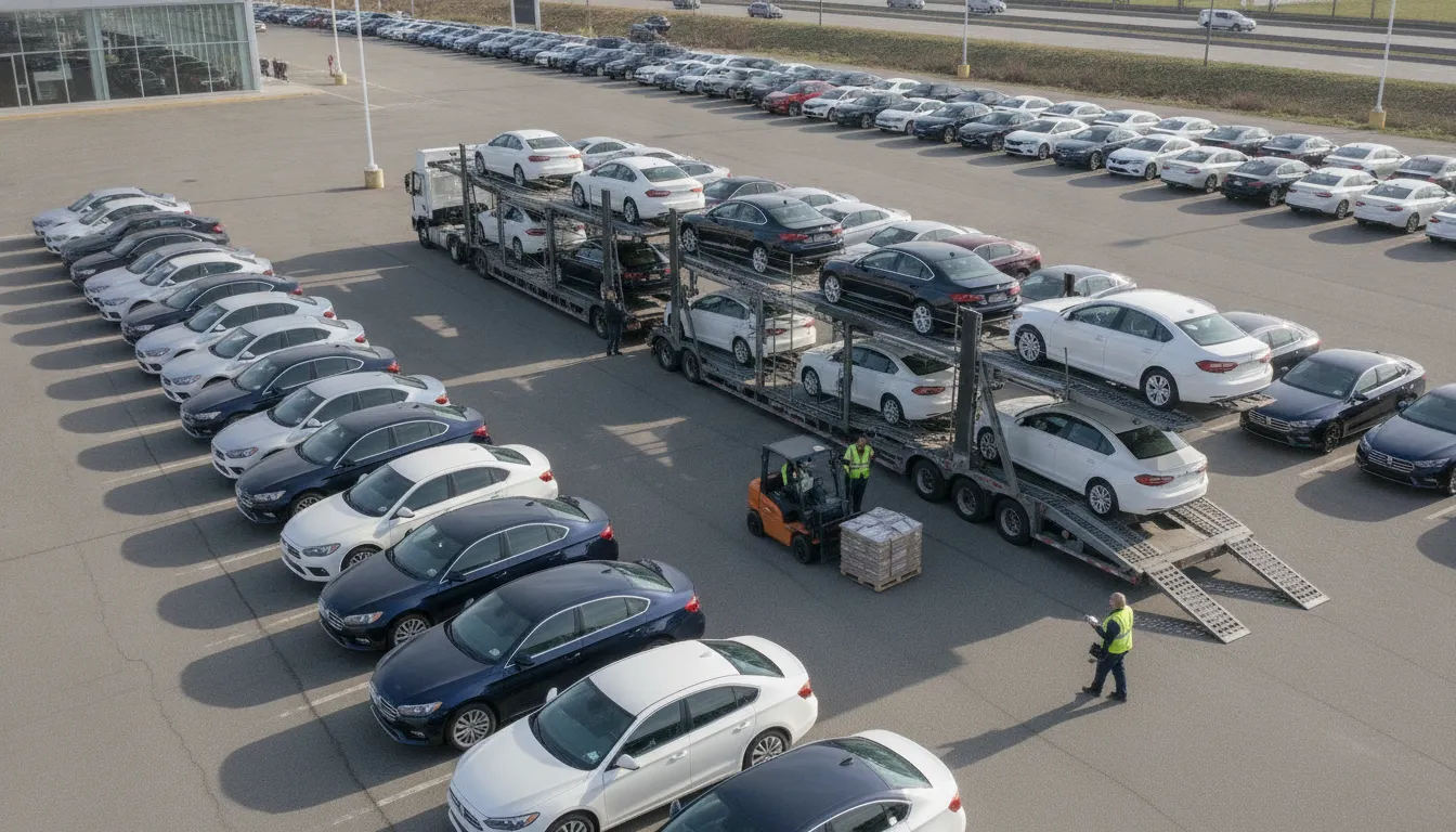Dealership inventory vehicles organized beside an open auto transport carrier
