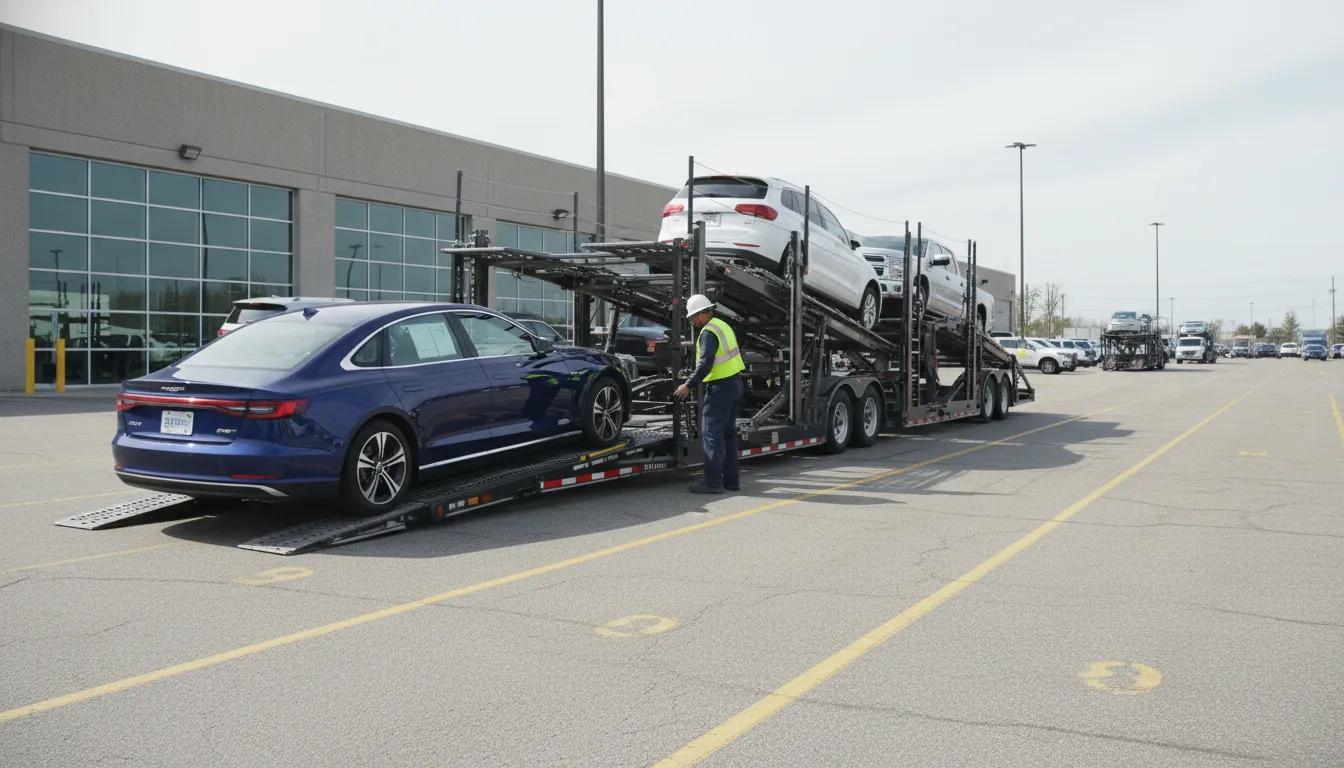 Auction car transport carrier loading a purchased sedan at an auction facility
