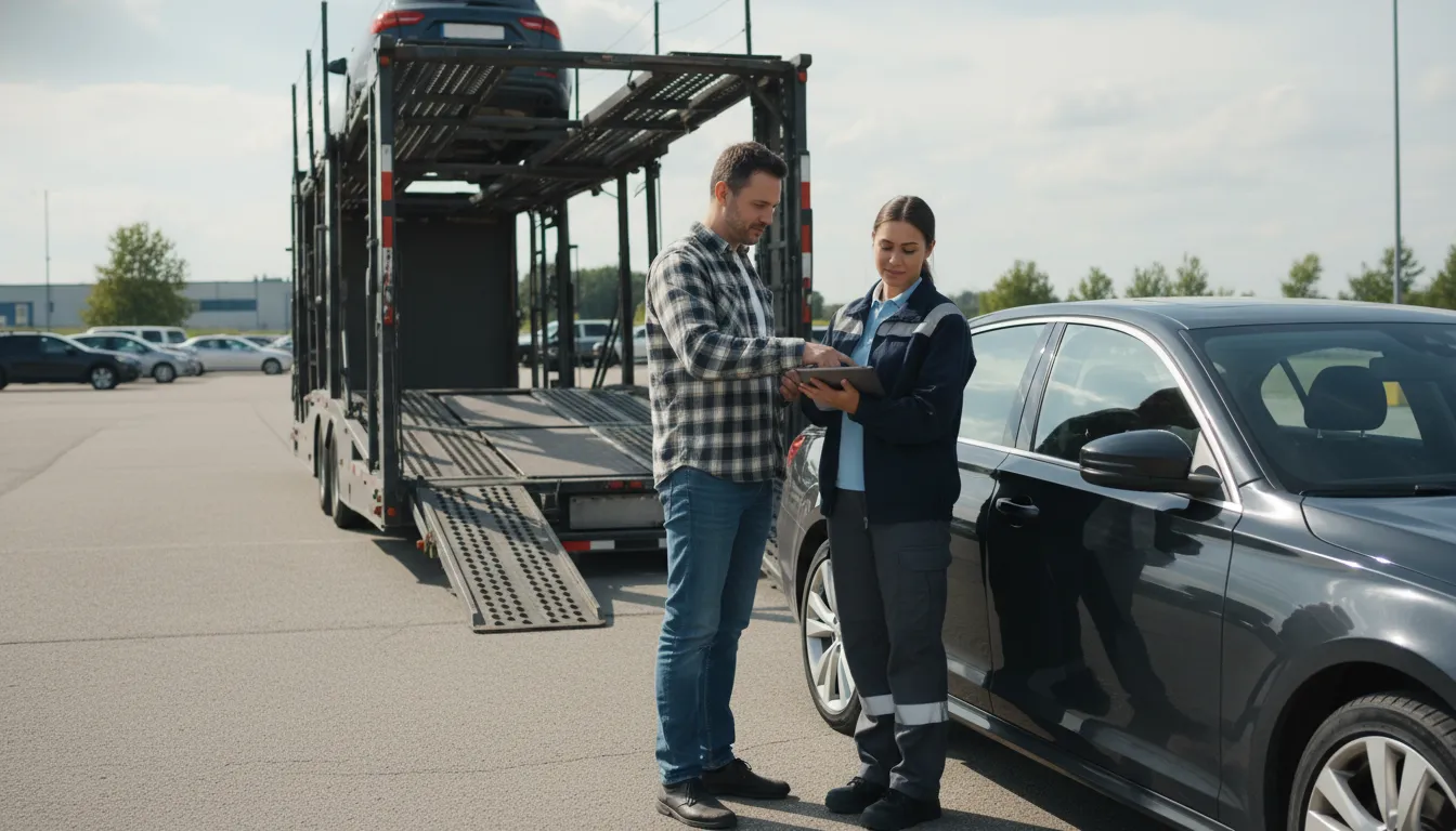 Owner and carrier driver documenting a sedan for car shipping insurance before pickup