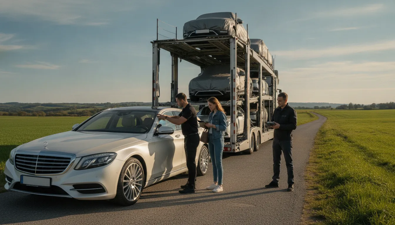 Driver and customer completing vehicle delivery and carrier balance payment