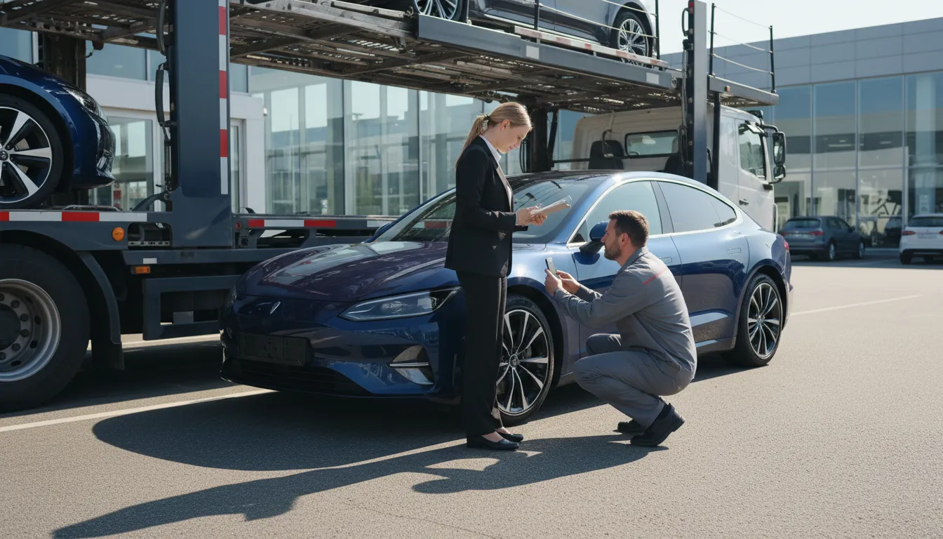 Buyer inspecting a delivered sedan after buying a car out of state shipping