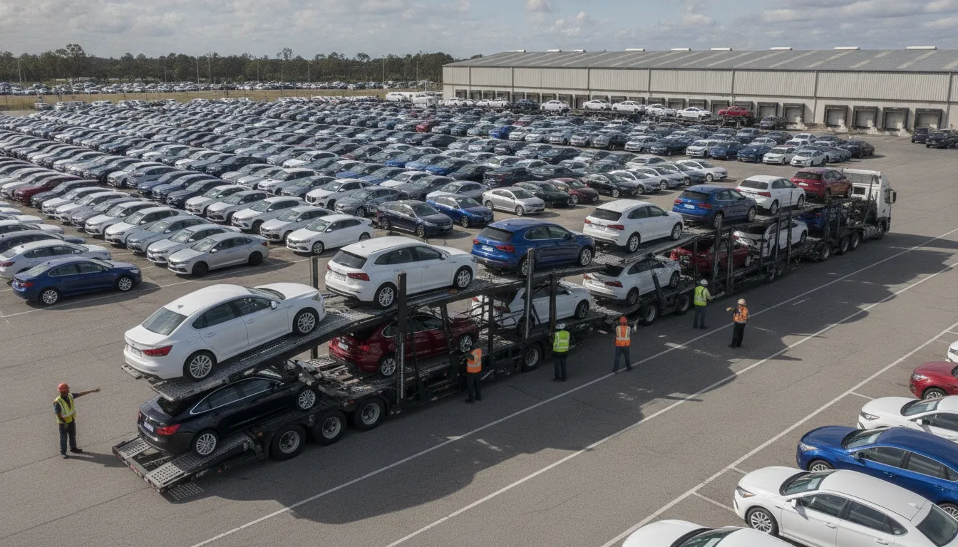 fleet vehicle transport carrier loading multiple dealership vehicles
