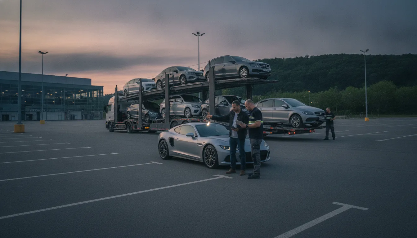 Vehicle owner and transport driver inspecting a car at delivery