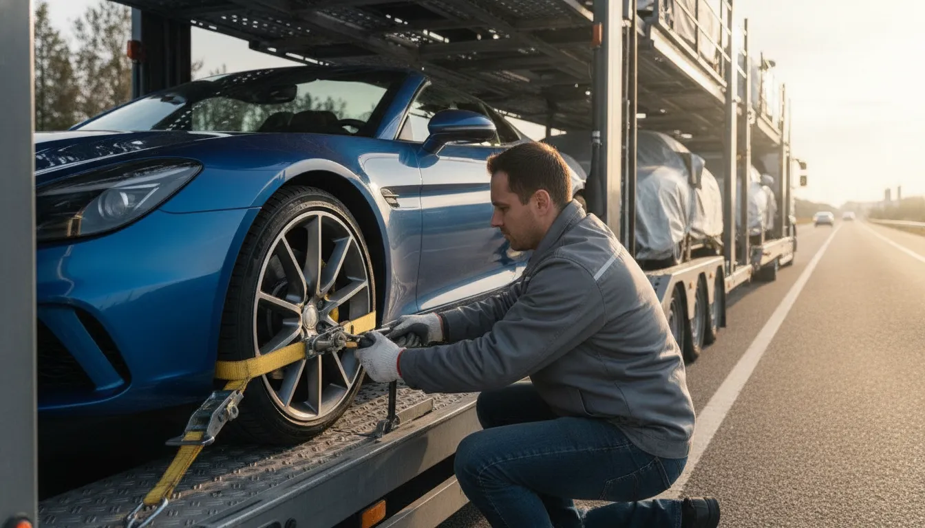 Tiedowns securing an inoperable car on an auto transport carrier
