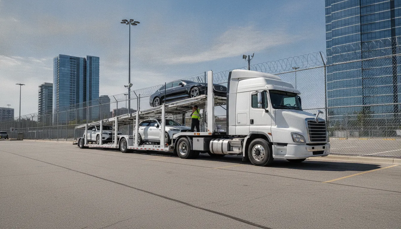 Auto transport truck near a terminal pickup area
