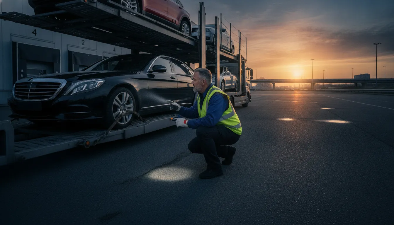 Driver completing a vehicle inspection before car shipping begins