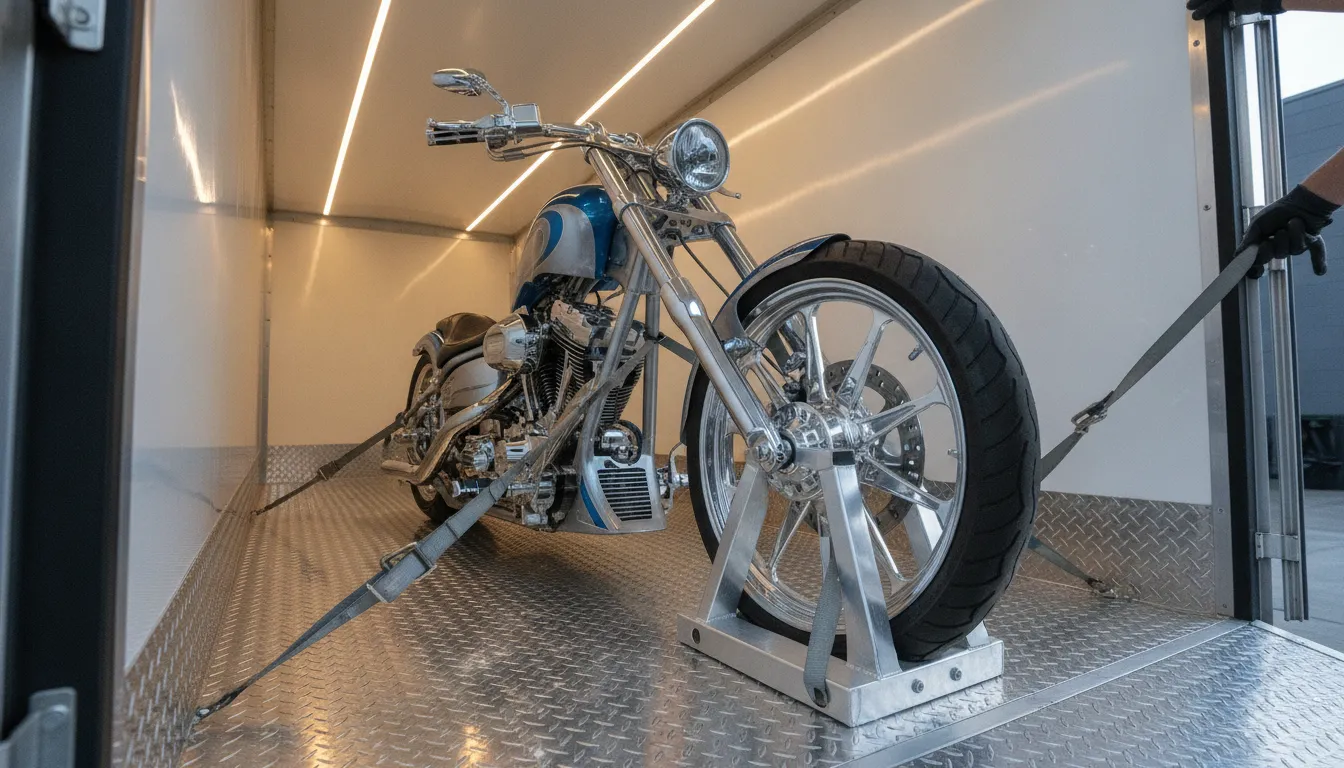 Enclosed motorcycle shipping setup with a high-value bike secured in a trailer