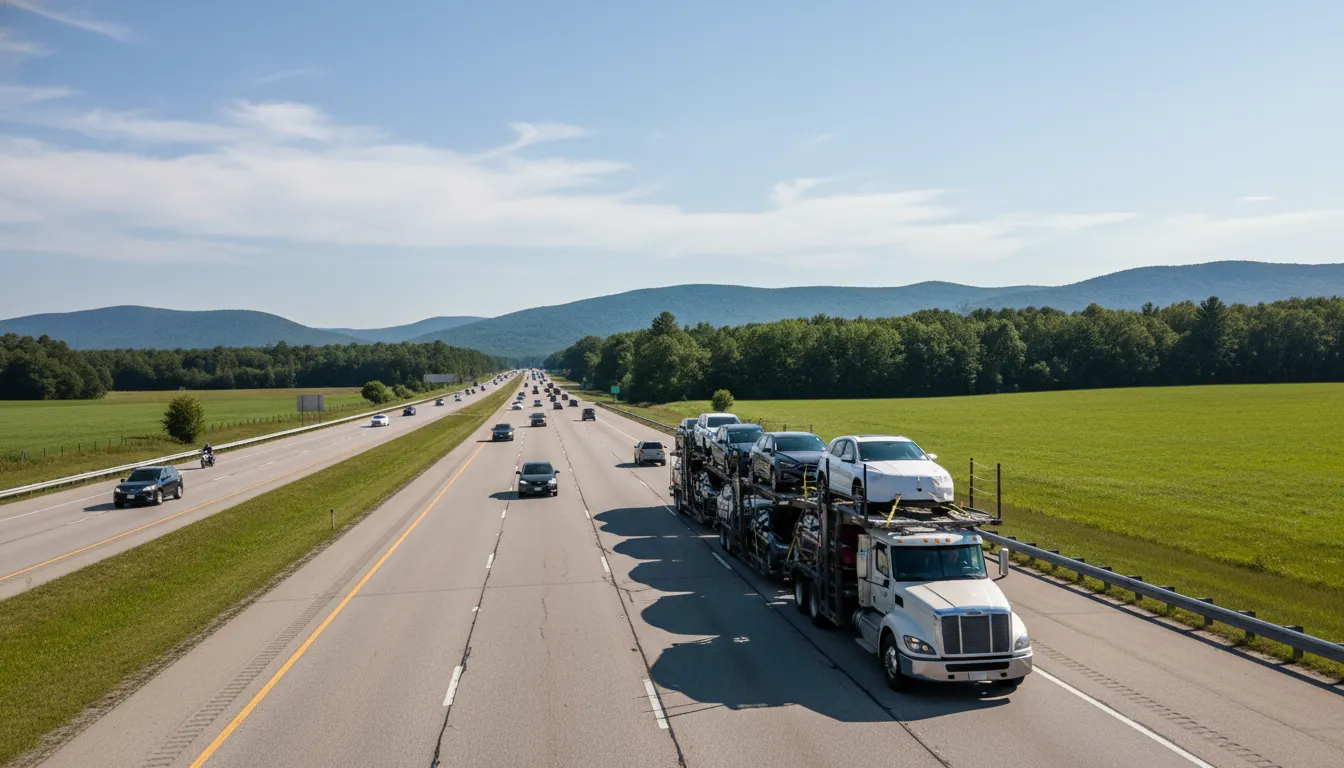 Open vehicle carrier illustrating how long it takes to ship a car on the highway