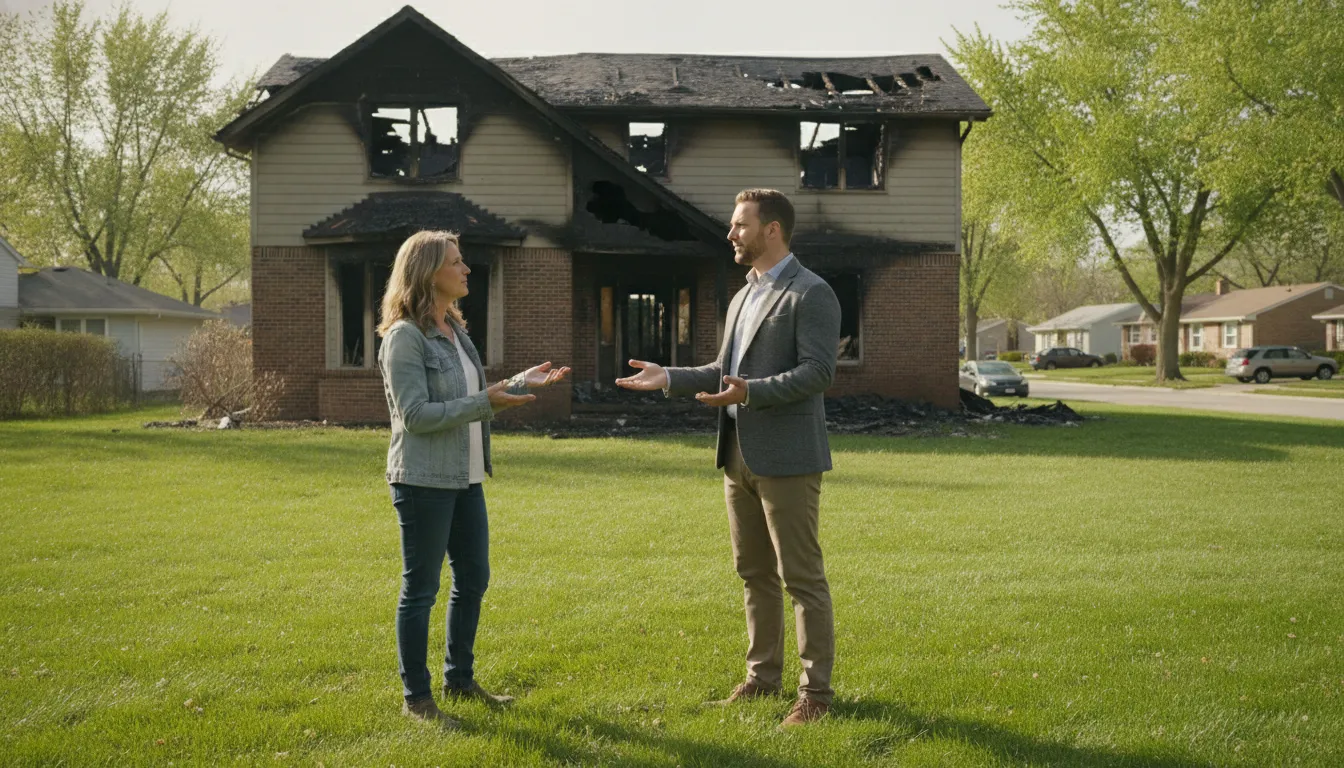 Michigan homeowner discussing a fire-damaged house with a local buyer