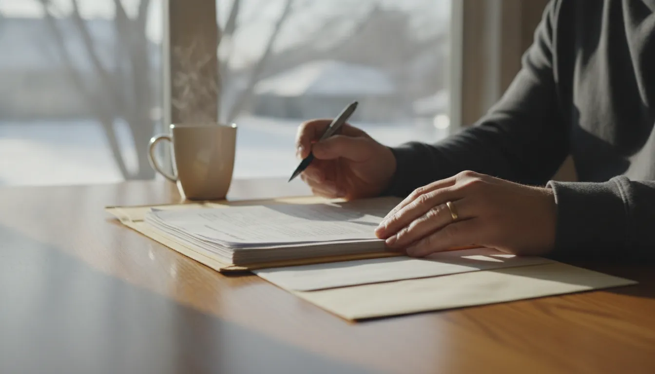 Homeowner reviewing a bank letter and purchase folder at a kitchen table