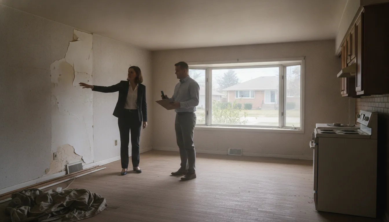 Heir walking through a vacant inherited Michigan home during an as-is sale
