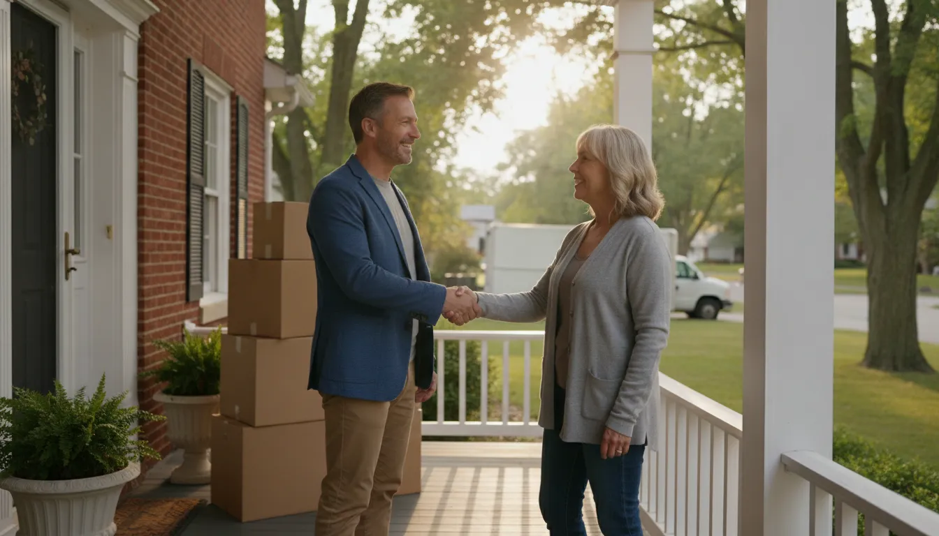Michigan homeowner closing a quick cash home sale on the front porch, a clear benefit when comparing the pros of selling a house for cash