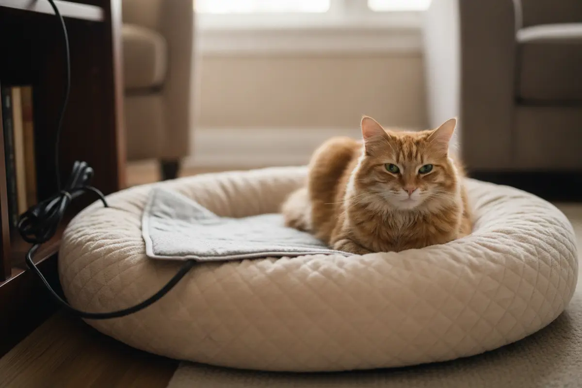 A cat bed set up with a covered warming pad and a separate unheated resting area
