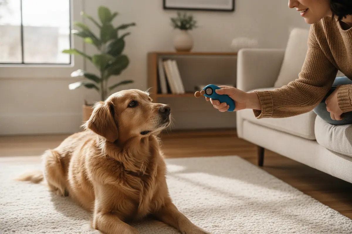 A dog owner pairs a quiet click with a small treat during an introductory training session