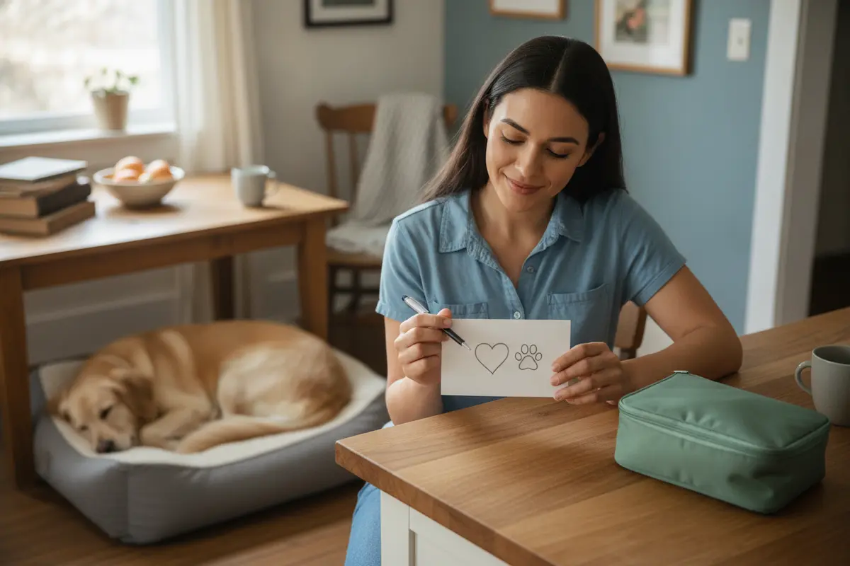 A dog owner preparing emergency information beside a pet first-aid kit