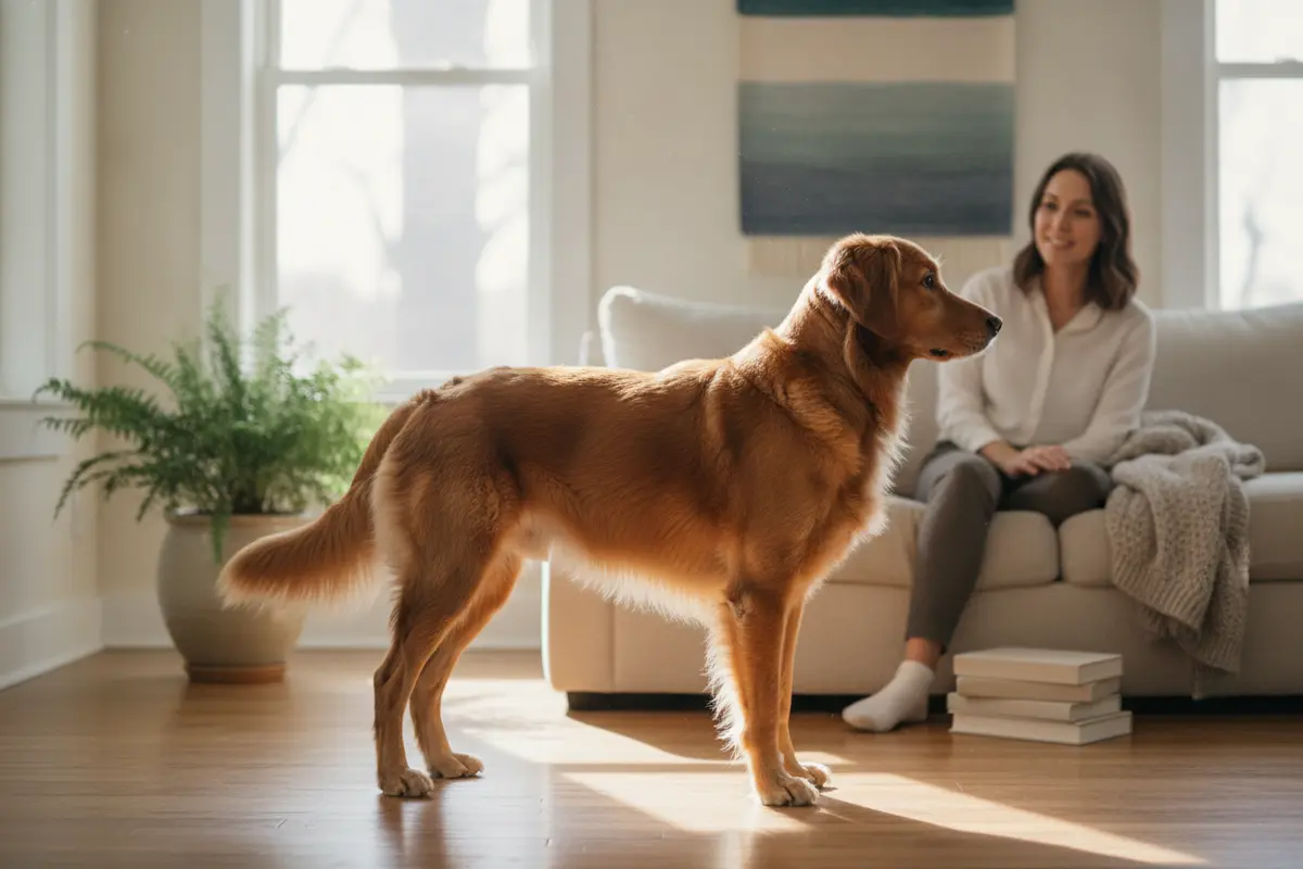 Owner observing a dog's body language as it stands with a relaxed posture outdoors.