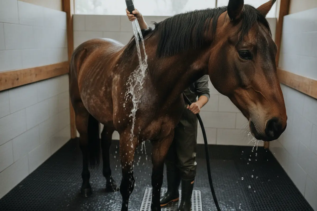 A horse being rinsed carefully after a gentle shampoo bath