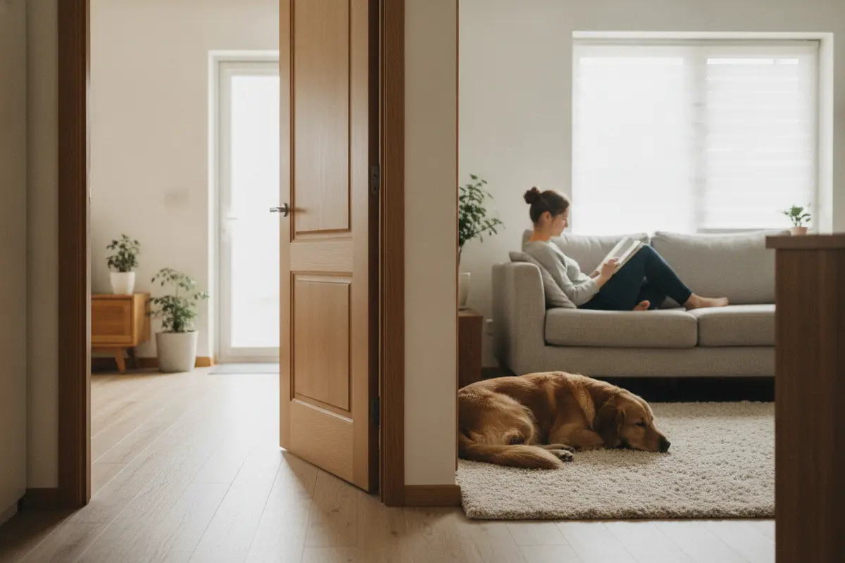A person giving a dog space to move away in a calm home setting