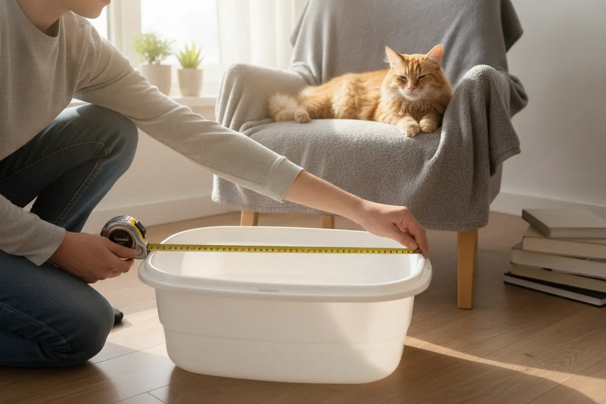 A person measuring the interior width of a litter box beside a relaxed cat