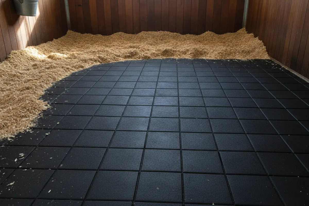 Aligned seams between rubber stall mats during a routine floor inspection