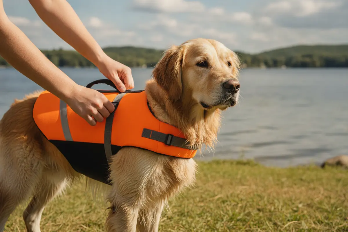 An owner checks the fit of a dog life vest before approaching the water