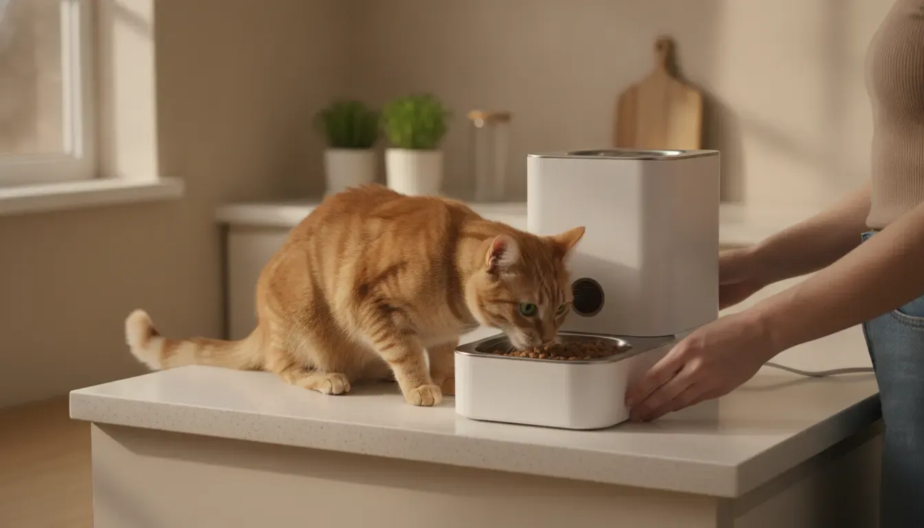 Measured kibble in a bowl beside an automatic cat feeder during a portion test