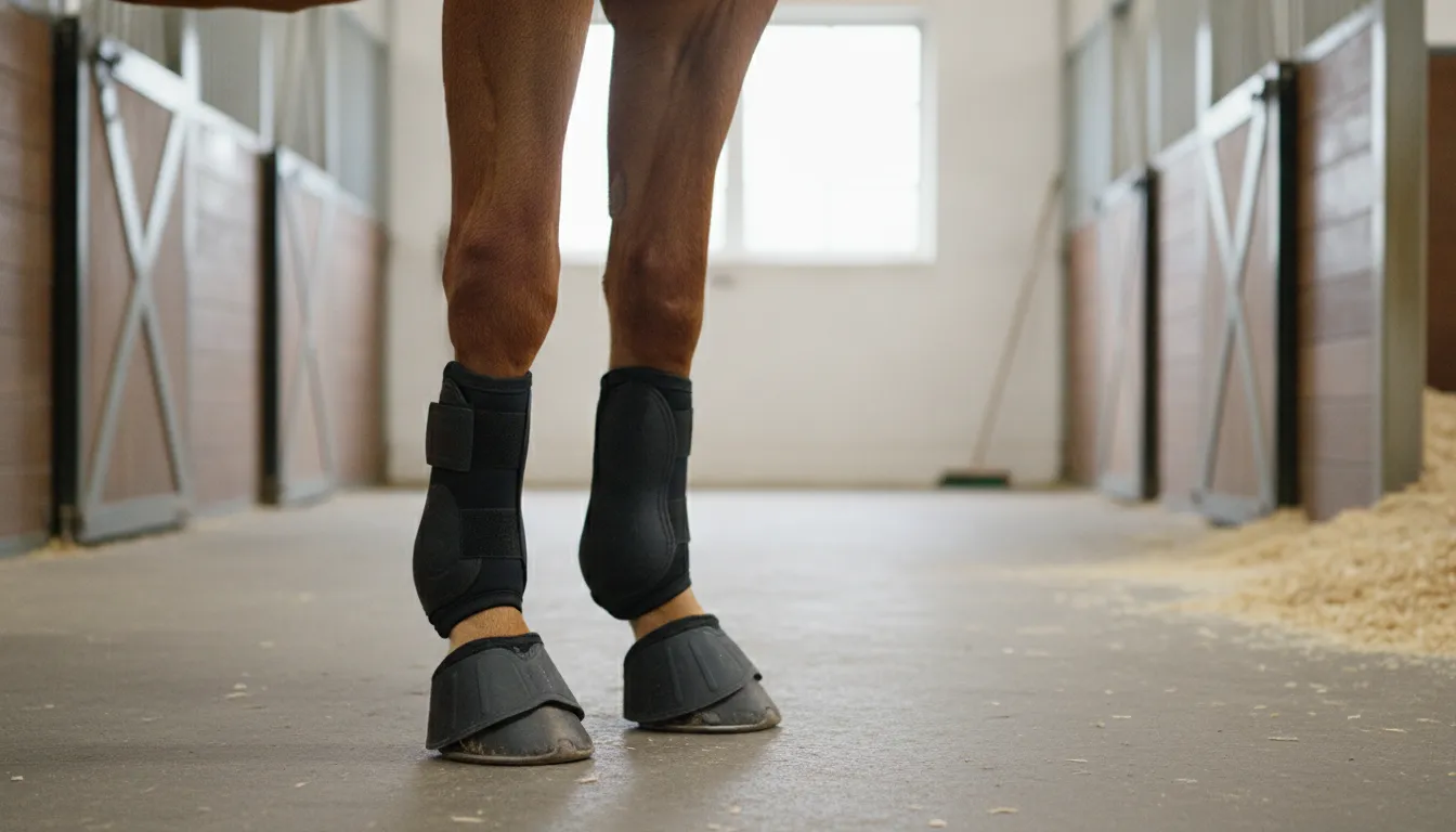 Correctly fitted black bell boots covering a horse's front heel bulbs