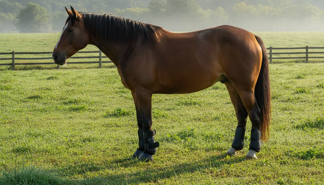 Horse wearing bell boots on both front hooves during turnout