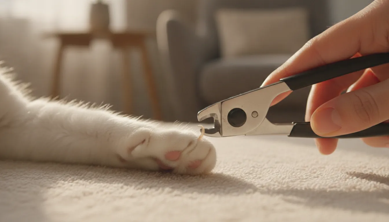 Persona sujetando suavemente la pata de un gato mientras se prepara para cortar una uña