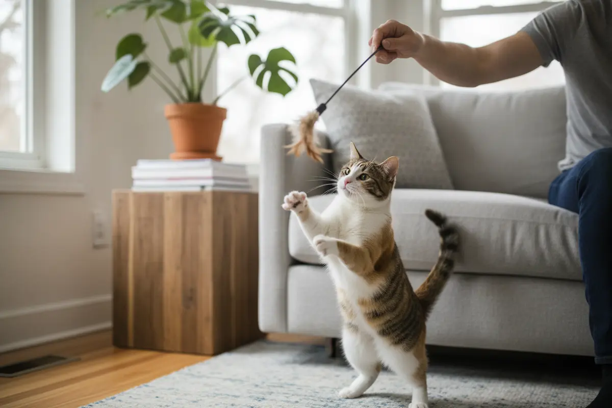 Cat playing with a wand toy during a supervised session