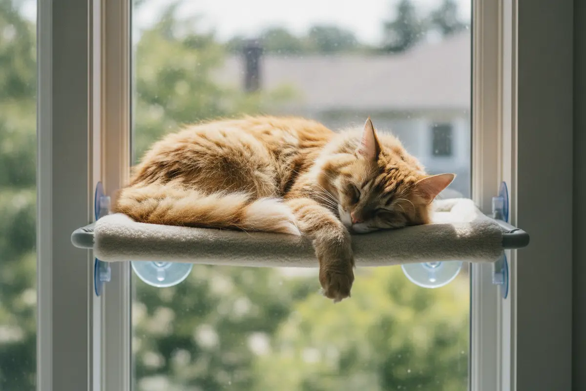 Cat resting securely on a padded window perch