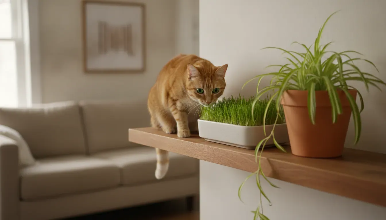 Cat investigating cat grass beside a spider plant in a pet-friendly home