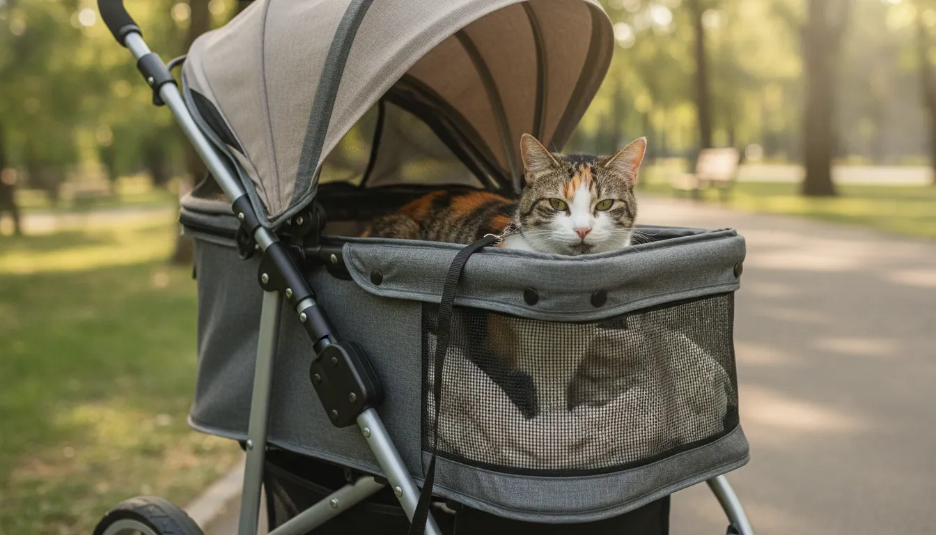Calm cat resting inside a ventilated stroller with a secure harness tether