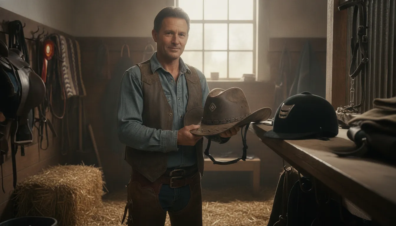 Cowboy hat helmet compared with a traditional riding helmet in a stable