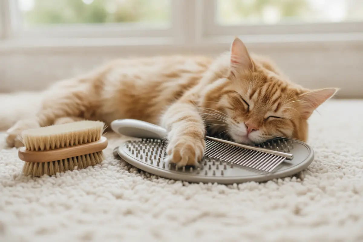 Different cat grooming tools beside a relaxed cat