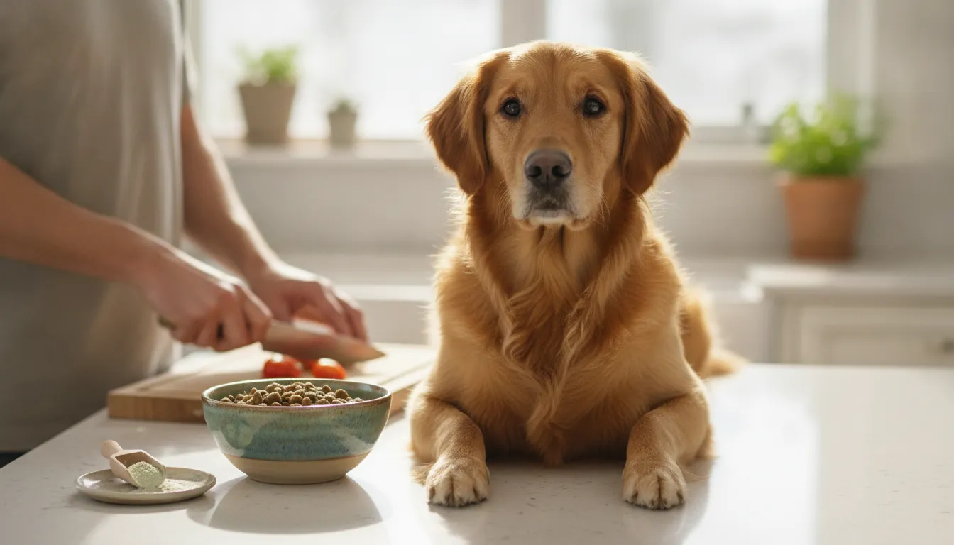 Dog owner preparing a digestive supplement with a healthy dog nearby