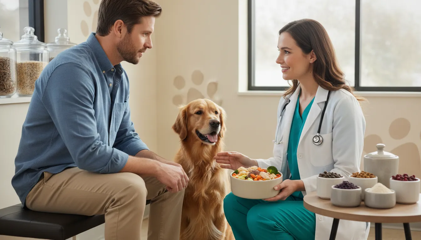 Veterinarian discussing dog digestive enzyme support with an owner