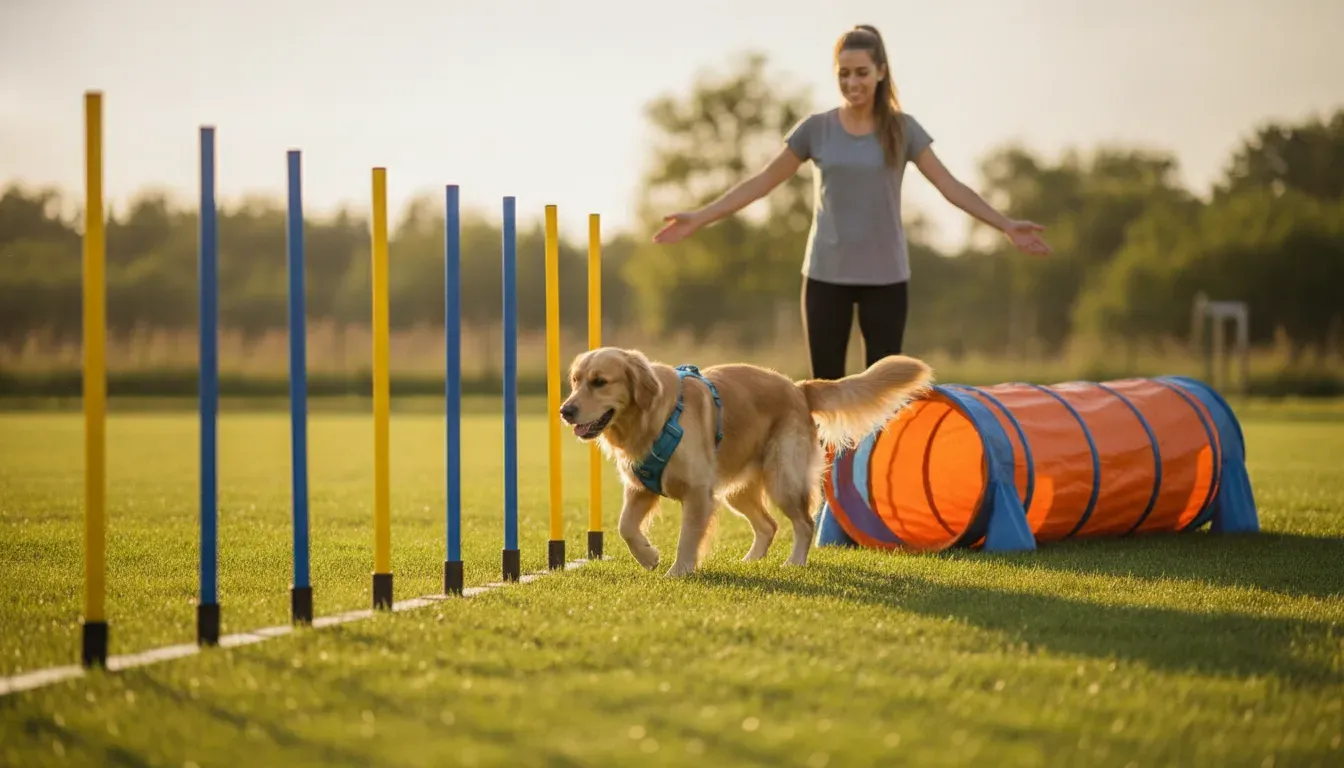Dog learning weave poles and a tunnel as part of a safe dog agility equipment setup