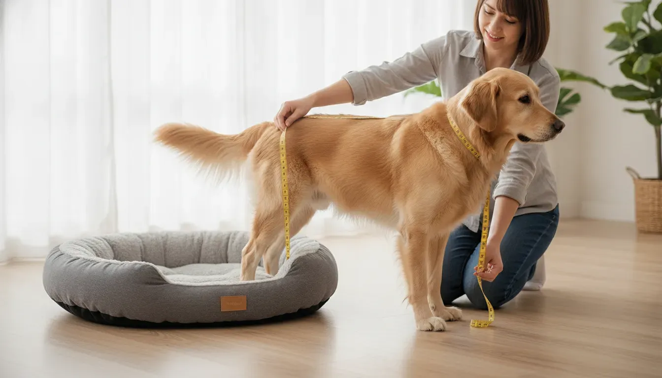 Owner measuring a dog to select the right dog bed size