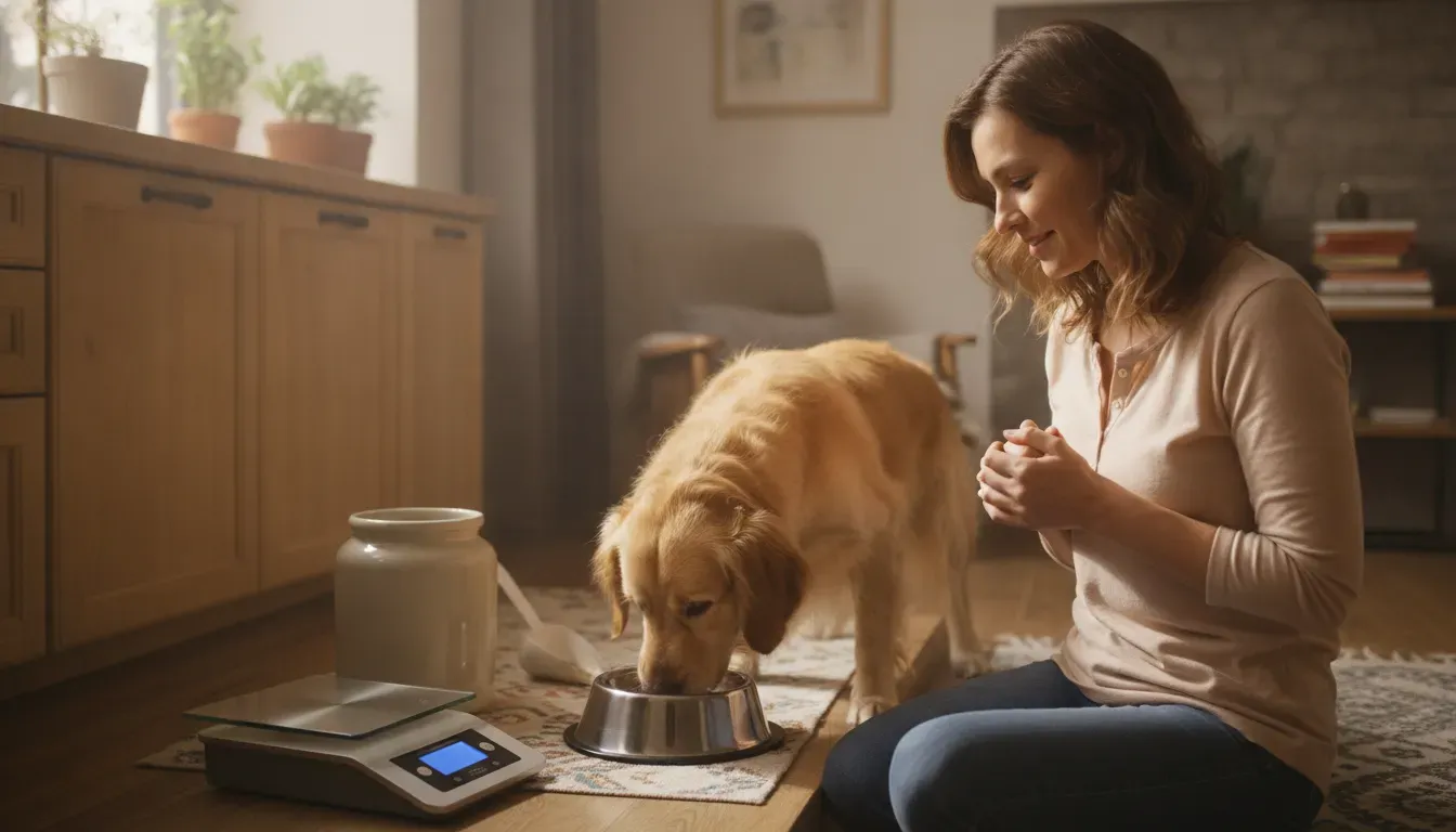 Measuring a dog's daily food portion with a kitchen scale