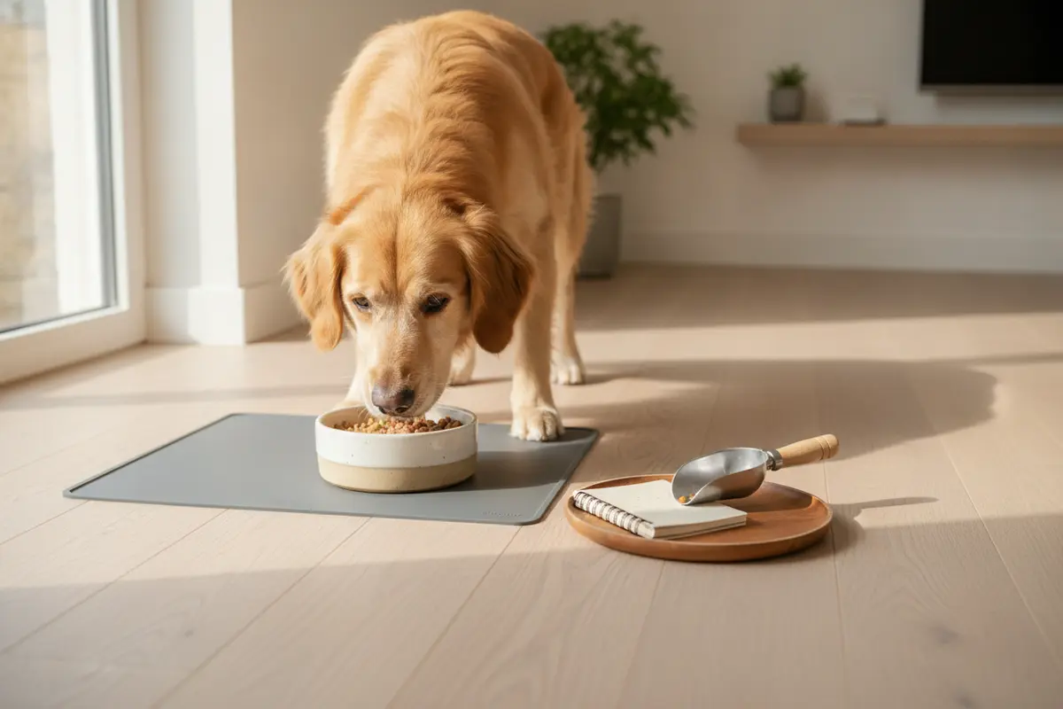 Dog eating a measured meal while a feeding log sits nearby