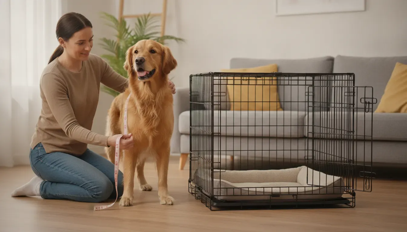 Owner measuring a dog beside a kennel for a comfortable fit