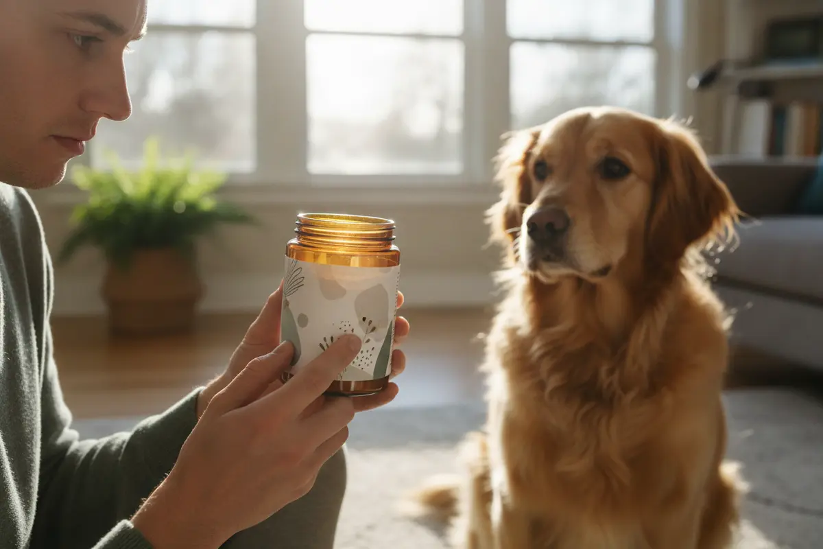 Dog owner reviewing a supplement label with a dog nearby